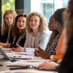 eine Gruppe von Geschäftsfrauen diskutiert an einem Tisch